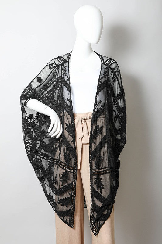 Embroidered Mesh Leaf Kimono