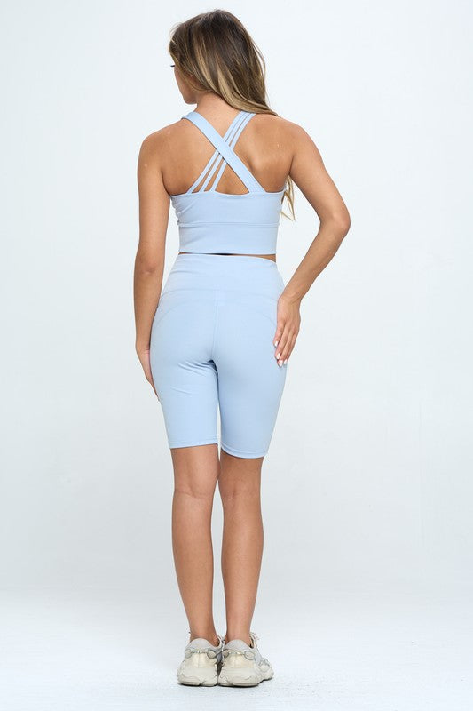 Print Crisscross Sports Bra and Biker Shorts set