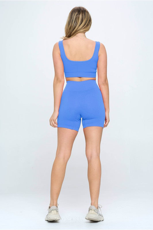2 piece Seamless Ribbed Tank Top Biker Shorts