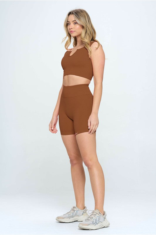2 piece Seamless Ribbed Tank Top Biker Shorts