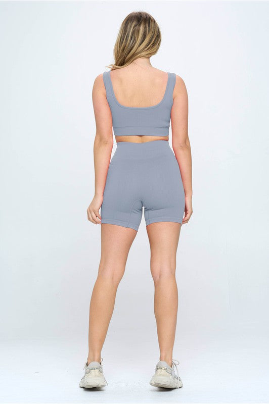 2 piece Seamless Ribbed Tank Top Biker Shorts