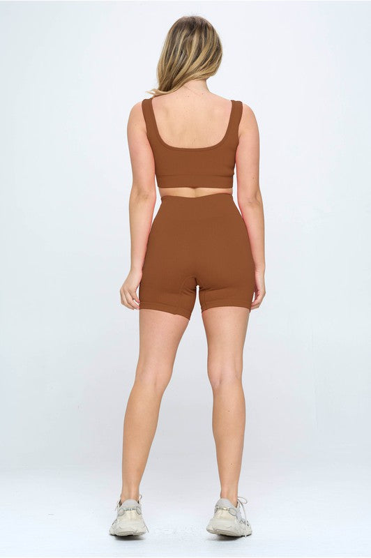 2 piece Seamless Ribbed Tank Top Biker Shorts