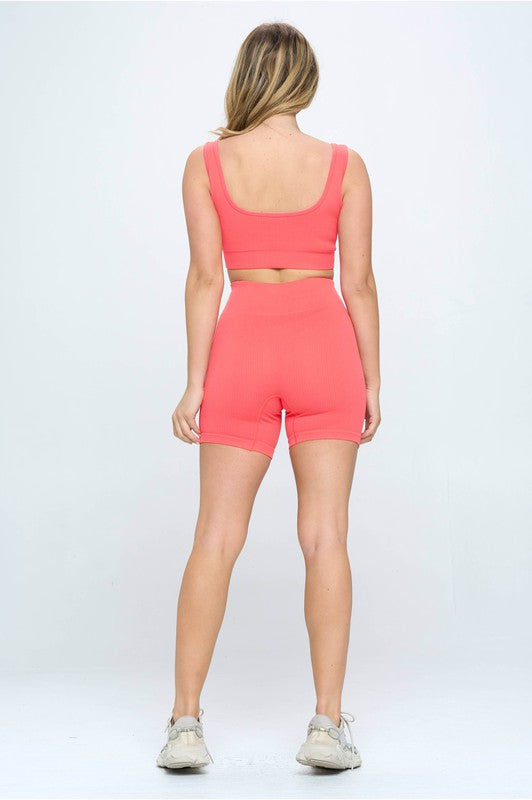 2 piece Seamless Ribbed Tank Top Biker Shorts