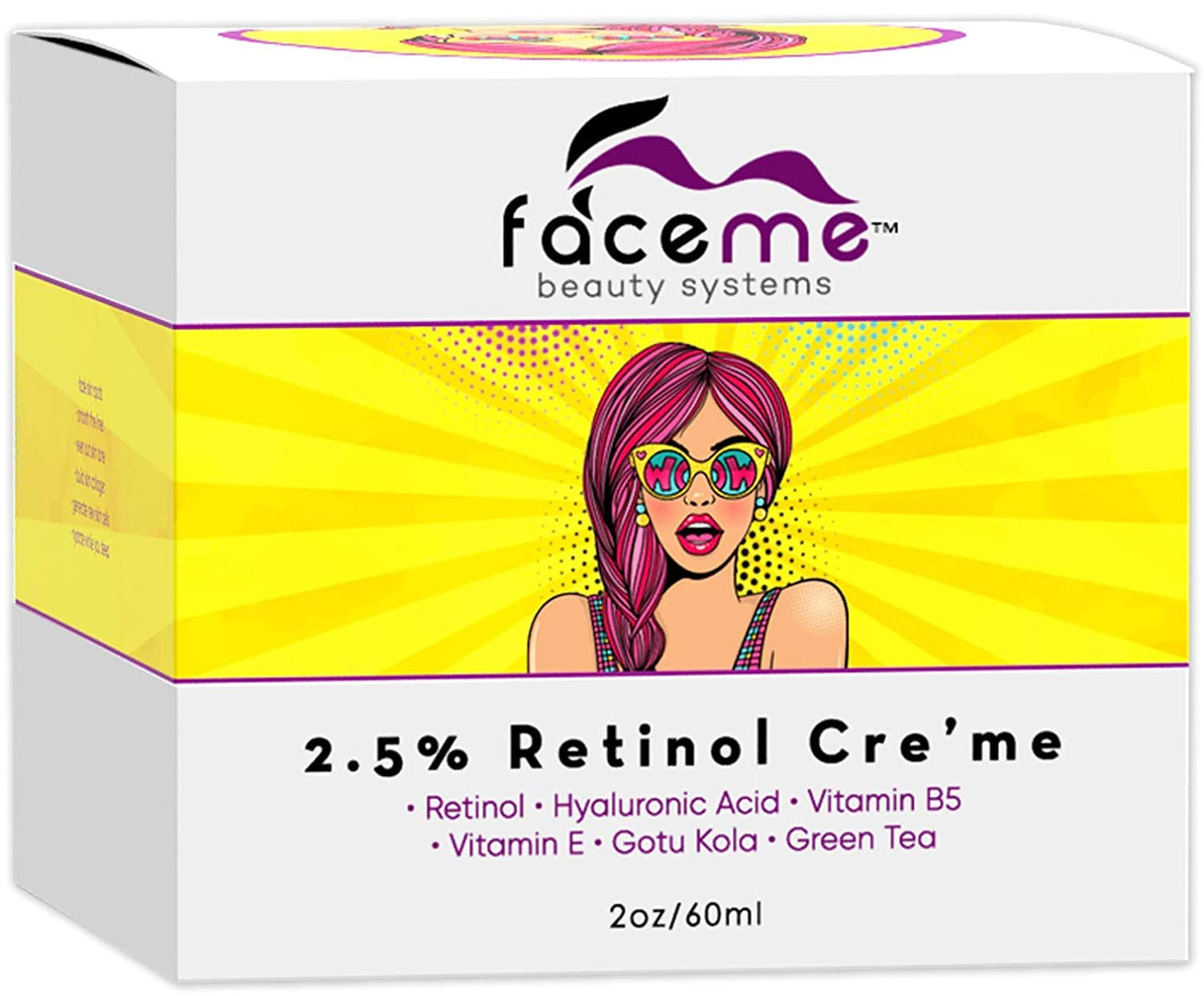 FACEME 2.5% Retinol Cream, Anti-Aging + Youth Promoting, Antioxidants & Botanicals- Hydrate, Renew, Smooth, Firm, Tone, Boost Collagen. Retinol, Aloe Vera, Hyaluronic Acid, Green Tea & more! 2fl oz.
