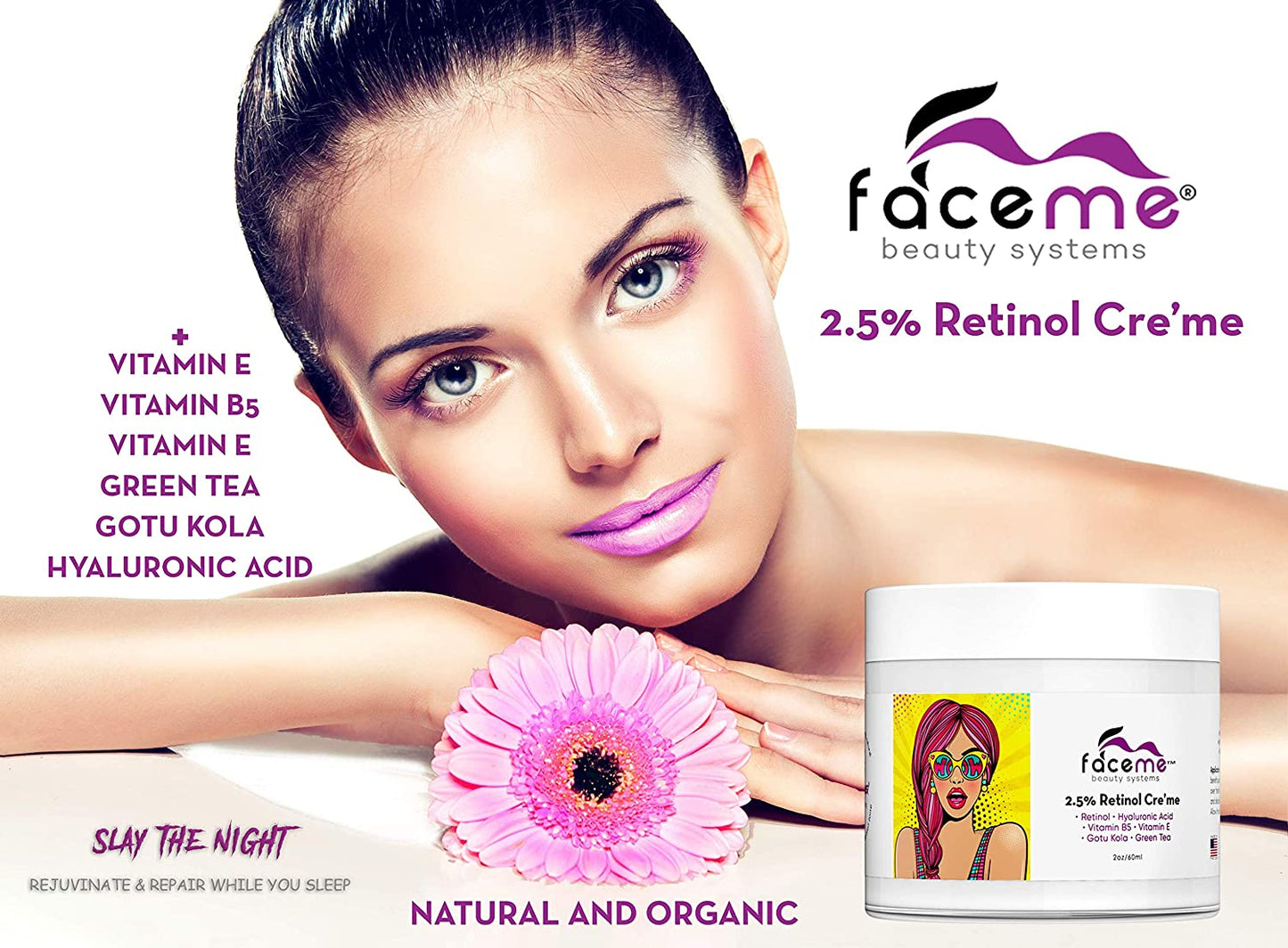 FACEME 2.5% Retinol Cream, Anti-Aging + Youth Promoting, Antioxidants & Botanicals- Hydrate, Renew, Smooth, Firm, Tone, Boost Collagen. Retinol, Aloe Vera, Hyaluronic Acid, Green Tea & more! 2fl oz.