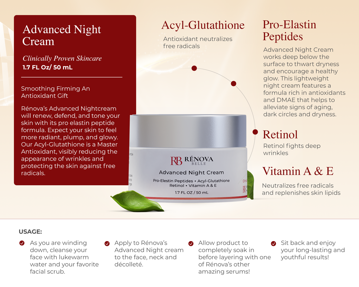 Retinol Night Cream, Peptides, Acyl Glutathione for Face and Neck - Anti Aging Moisturizer