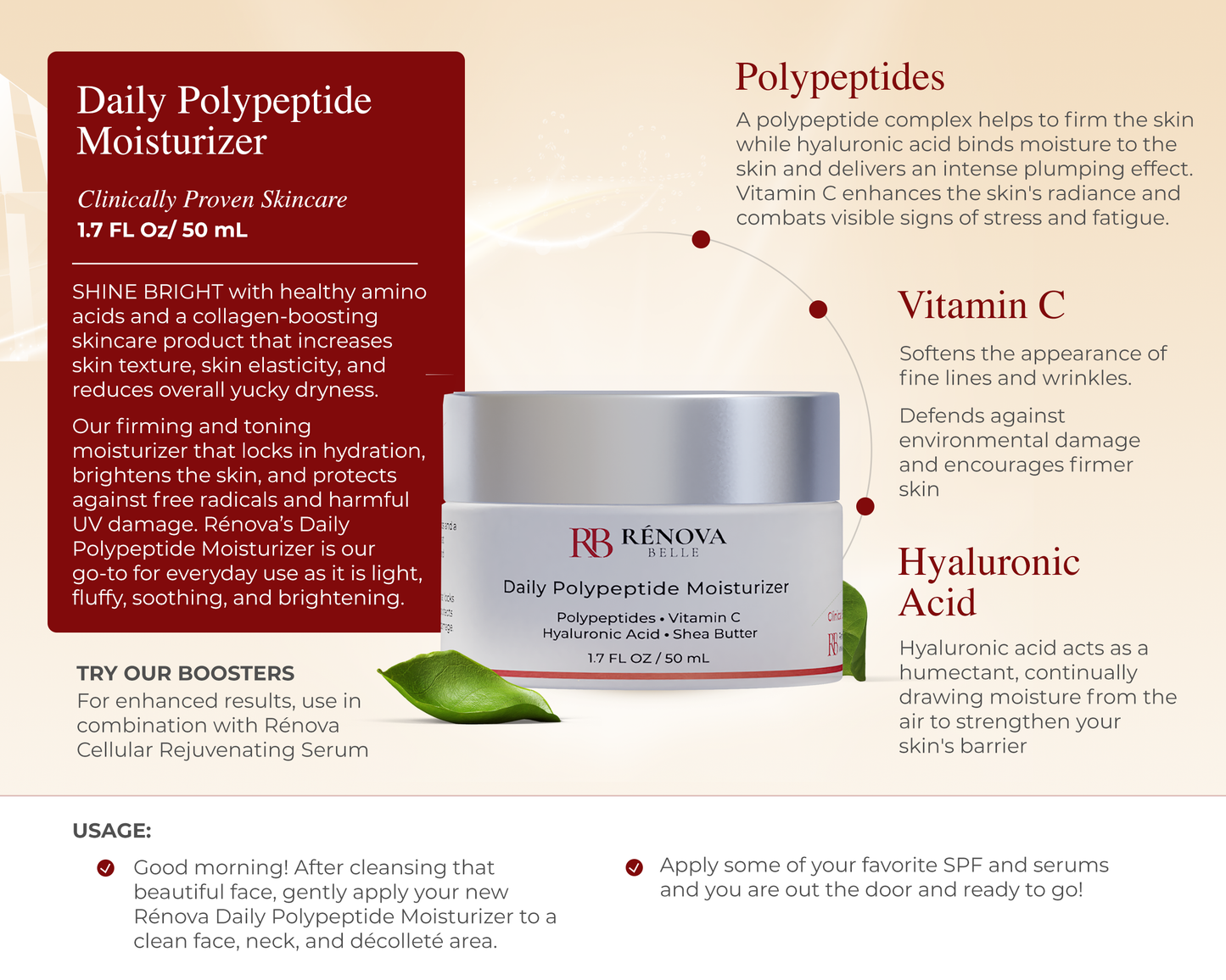 Polypeptides Daily Moisturizer + Pure Vitamin C + Hyaluronic Acid + Shea Butter