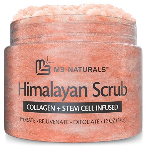 M3 Naturals Himalayan Salt Body Scrub Infused with Collagen and Stem Cell Natural Exfoliating Salt Scrub for Acne Cellulite Deep Cleansing Scars Wrinkles Exfoliate and Moisturize Skin 12 oz