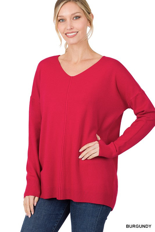 HI-LOW GARMENT DYED V-NECK FRONT SEAM SWEATER