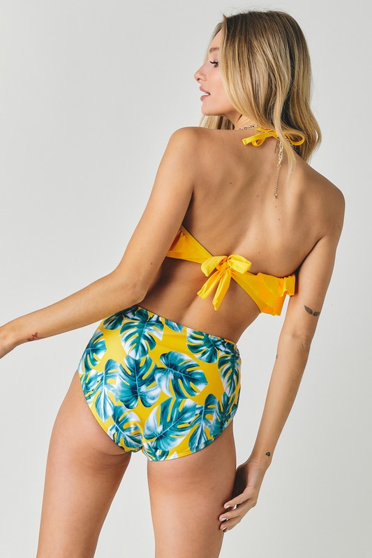 SOLID RUFFLE TOP AND PRINTED BOTTOM SWIMSUIT