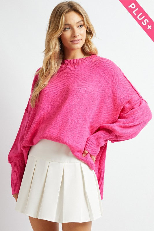 Plus Solid Boat Neck Long Sleeve Sweater