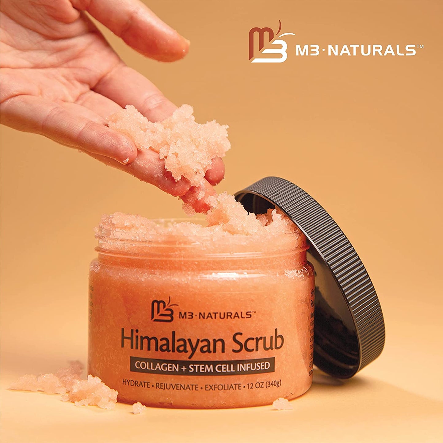 M3 Naturals Himalayan Salt Body Scrub Infused with Collagen and Stem Cell Natural Exfoliating Salt Scrub for Acne Cellulite Deep Cleansing Scars Wrinkles Exfoliate and Moisturize Skin 12 oz