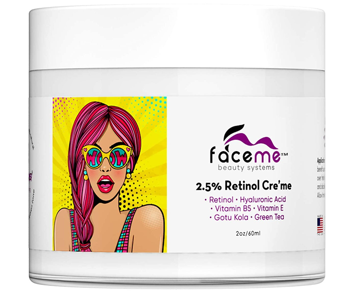 FACEME 2.5% Retinol Cream, Anti-Aging + Youth Promoting, Antioxidants & Botanicals- Hydrate, Renew, Smooth, Firm, Tone, Boost Collagen. Retinol, Aloe Vera, Hyaluronic Acid, Green Tea & more! 2fl oz.
