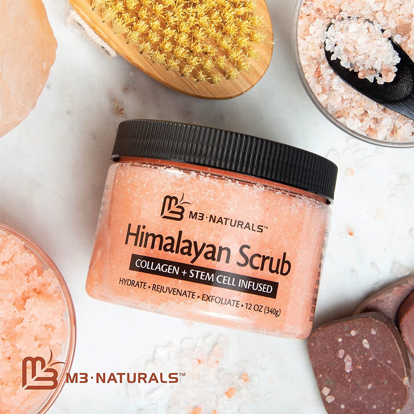 M3 Naturals Himalayan Salt Body Scrub Infused with Collagen and Stem Cell Natural Exfoliating Salt Scrub for Acne Cellulite Deep Cleansing Scars Wrinkles Exfoliate and Moisturize Skin 12 oz